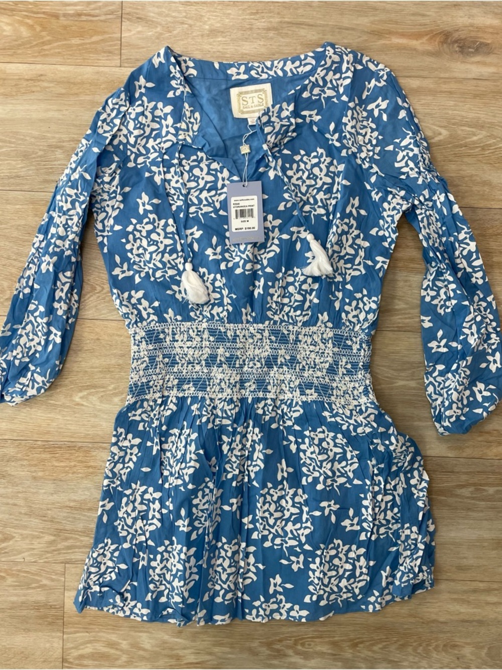 STS Blue and White Floral Smocked Waist Dress size medium